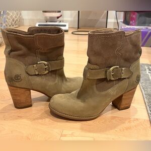 Timberland Women's Olive Suede Buckle Heeled Ankle Boots